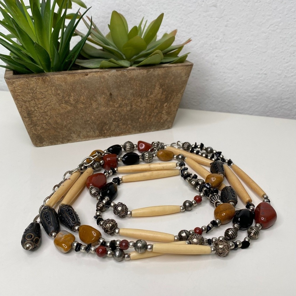 Nine West Boho‎ Statement Beaded Belt/Long Necklace Stone Silver Tone  33-40"